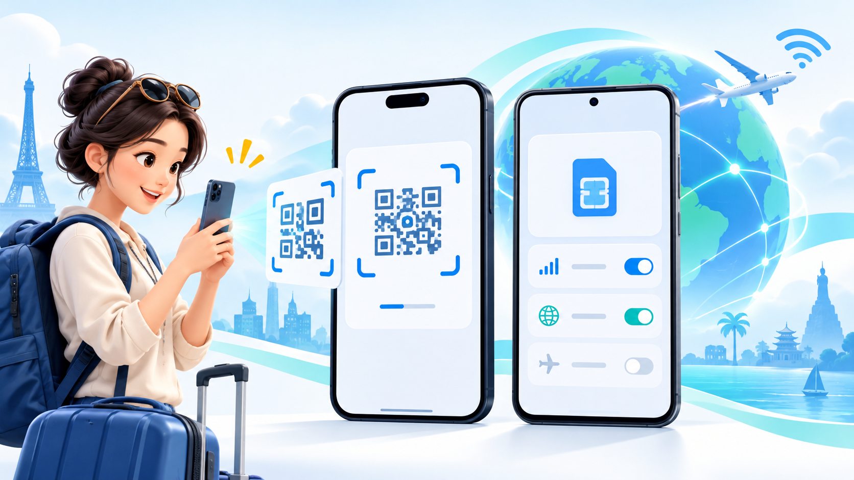 Minh họa quét mã QR để cài eSIM du lịch trên iPhone và Android