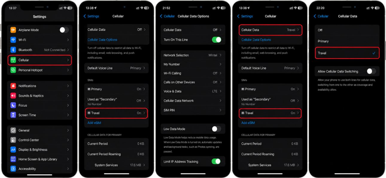 Các màn hình chọn eSIM du lịch làm dữ liệu di động và bật đường dây trên iPhone