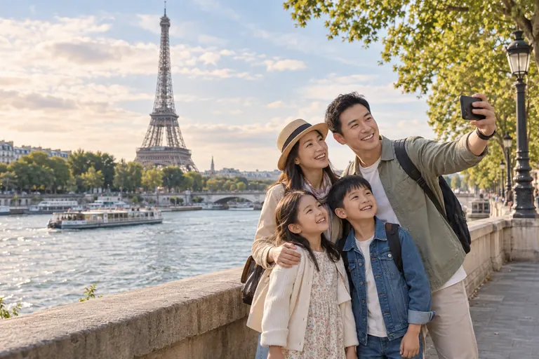 Gia đình Việt Nam sử dụng eSIM du lịch châu Âu tại Paris