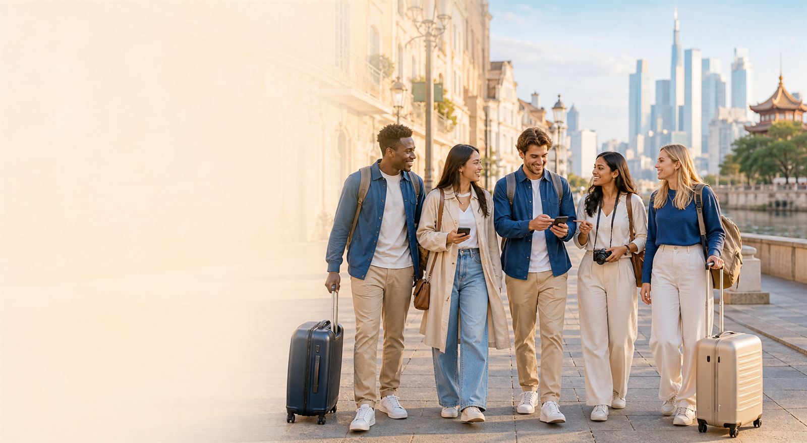 Nhóm bạn trẻ quốc tế đi du lịch tại châu Âu và châu Á, sử dụng điện thoại để kết nối trong hành trình