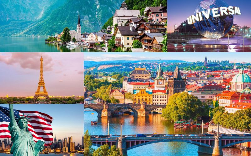 Tổng hợp c&aacute;c địa điểm du lịch nổi tiếng ở Ch&acirc;u &Acirc;u v&agrave; Mỹ như Hallstatt, Prague, Th&aacute;p Eiffel, Tượng Nữ thần Tự do